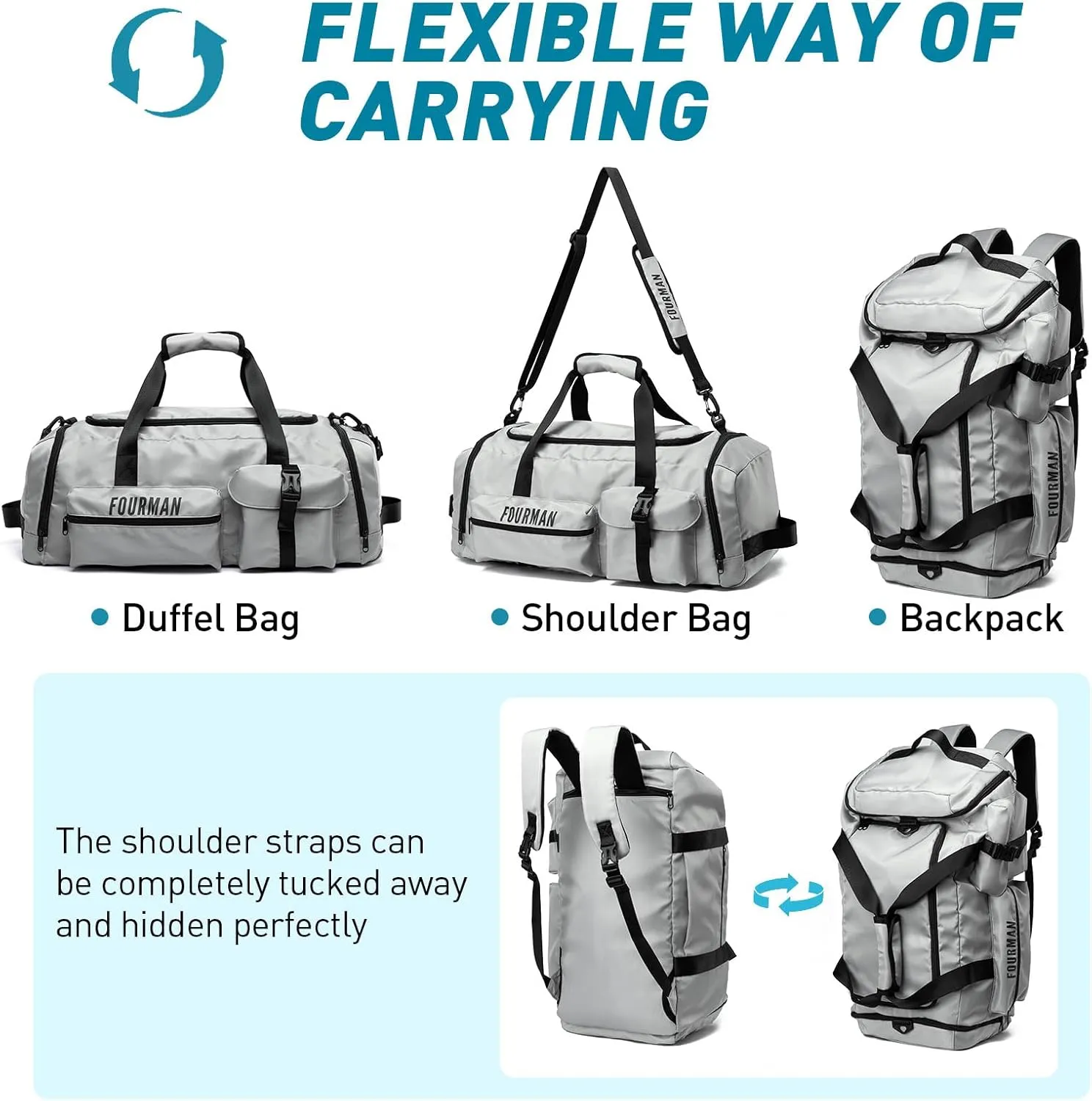Gym Bag Training Duffel Bag Foldable Travel Duffel Bag, Lightweight Weekend Backpack With Shoe Compartment, Waterproof Duffel Backpack Sports Bag Grey