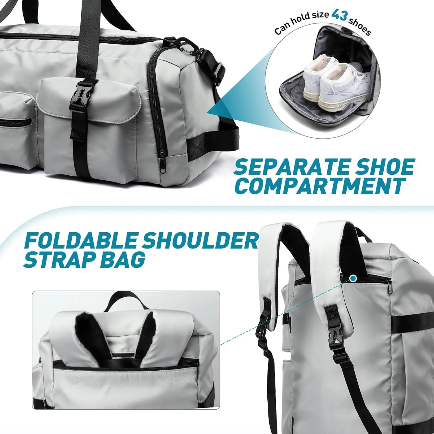 Gym Bag Training Duffel Bag Foldable Travel Duffel Bag, Lightweight Weekend Backpack With Shoe Compartment, Waterproof Duffel Backpack Sports Bag Grey