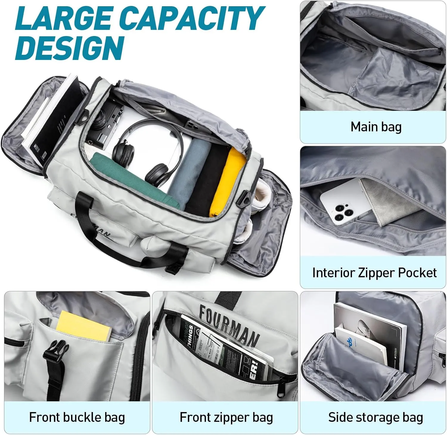 Gym Bag Training Duffel Bag Foldable Travel Duffel Bag, Lightweight Weekend Backpack With Shoe Compartment, Waterproof Duffel Backpack Sports Bag Grey