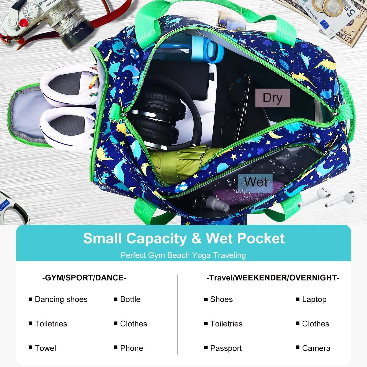 Gym Travel Duffle Bag for Girls - Gymnastics Sports Dance Bag with Shoe Compartment & Wet Pocket Panda Kids Travel Bag Teens Weekender Sleepover Carry On Bag