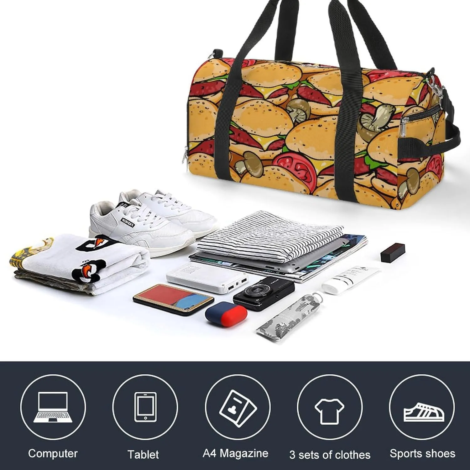 Hamburgers BBQ Grill Pattern Fitness Large Gym Bag for Unisex with Shoe Compartment & Wet Pocket