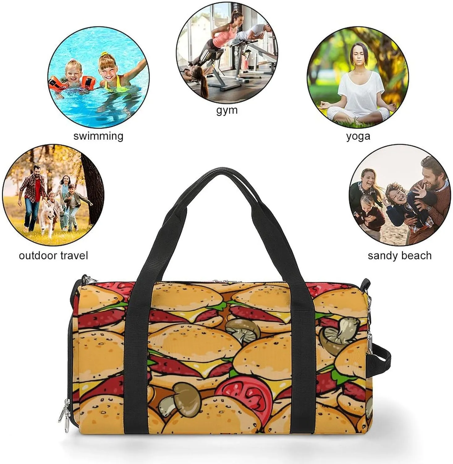Hamburgers BBQ Grill Pattern Fitness Large Gym Bag for Unisex with Shoe Compartment & Wet Pocket