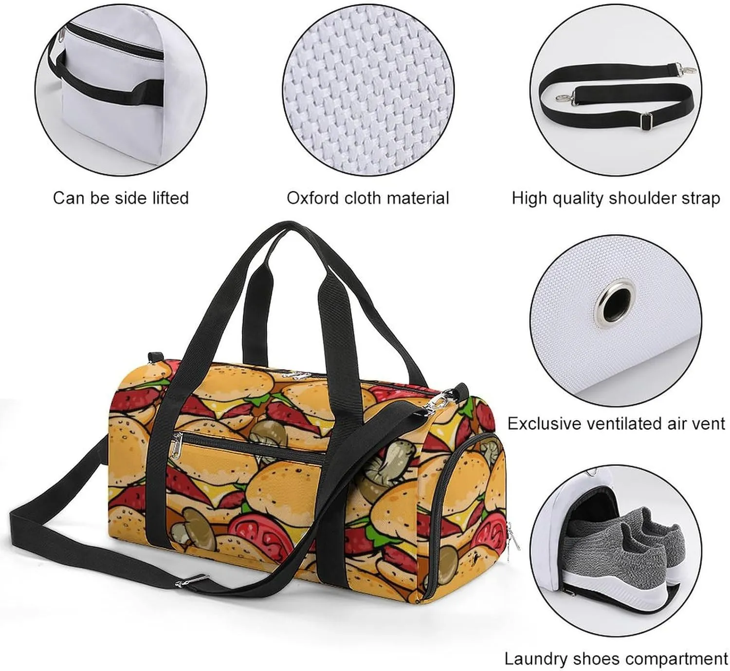 Hamburgers BBQ Grill Pattern Fitness Large Gym Bag for Unisex with Shoe Compartment & Wet Pocket