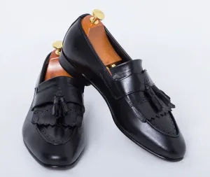 Handmade Black Fringe Buckle Leather Loafers for Men