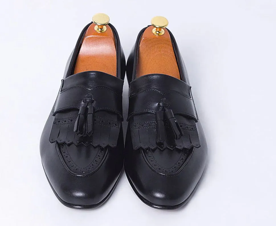 Handmade Black Fringe Buckle Leather Loafers for Men