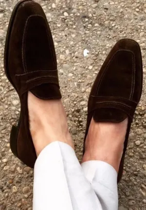 Handmade Dark Brown Suede Slip Ons, Men Office Loafers Shoes, Dress Moccasins
