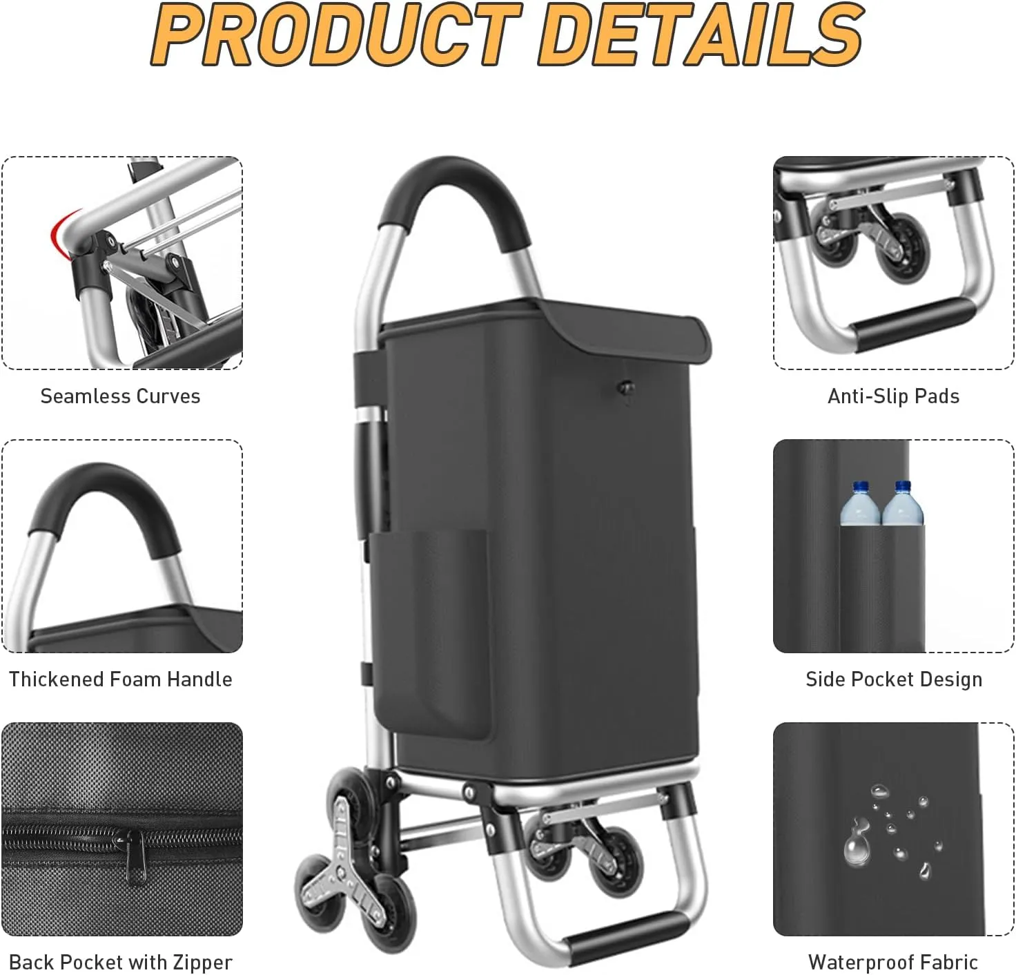 Heavy Duty 3 in 1 Shopping Cart, Foldable Hand Truck with 6 Wheels, 110 lbs Grocery Cart, Portable Utility Dolly, Waterproof Bag for Moving, Camping