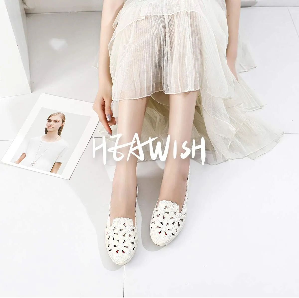 HEAWISH Women's Floral Ballet Flats for Women Black Beige Slip On Flowers PU Leather Round Toe Dress Shoes