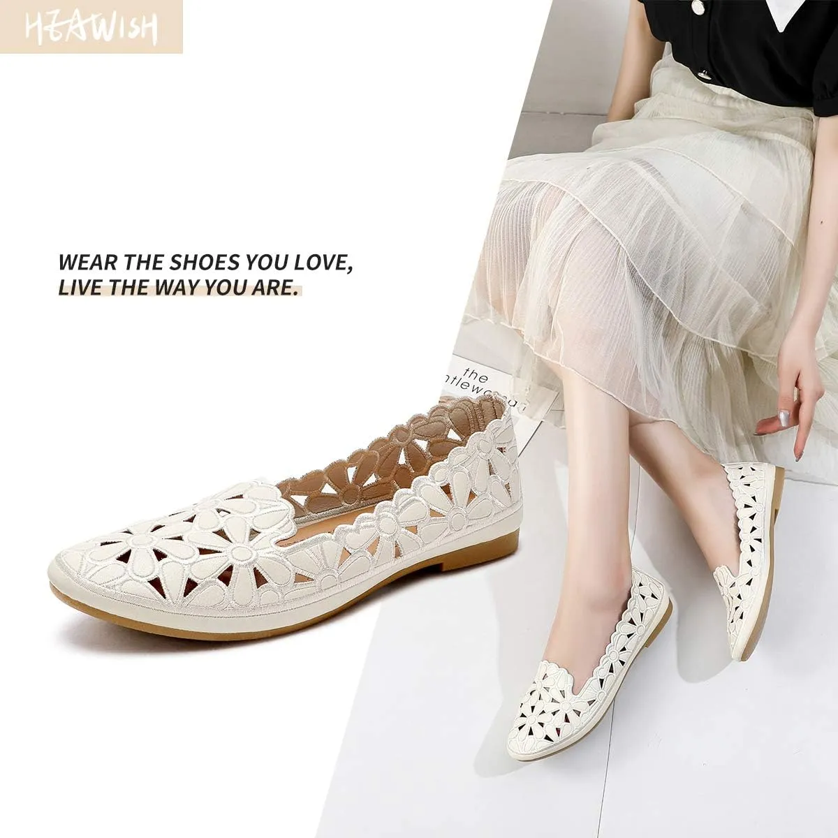 HEAWISH Women's Floral Ballet Flats for Women Black Beige Slip On Flowers PU Leather Round Toe Dress Shoes