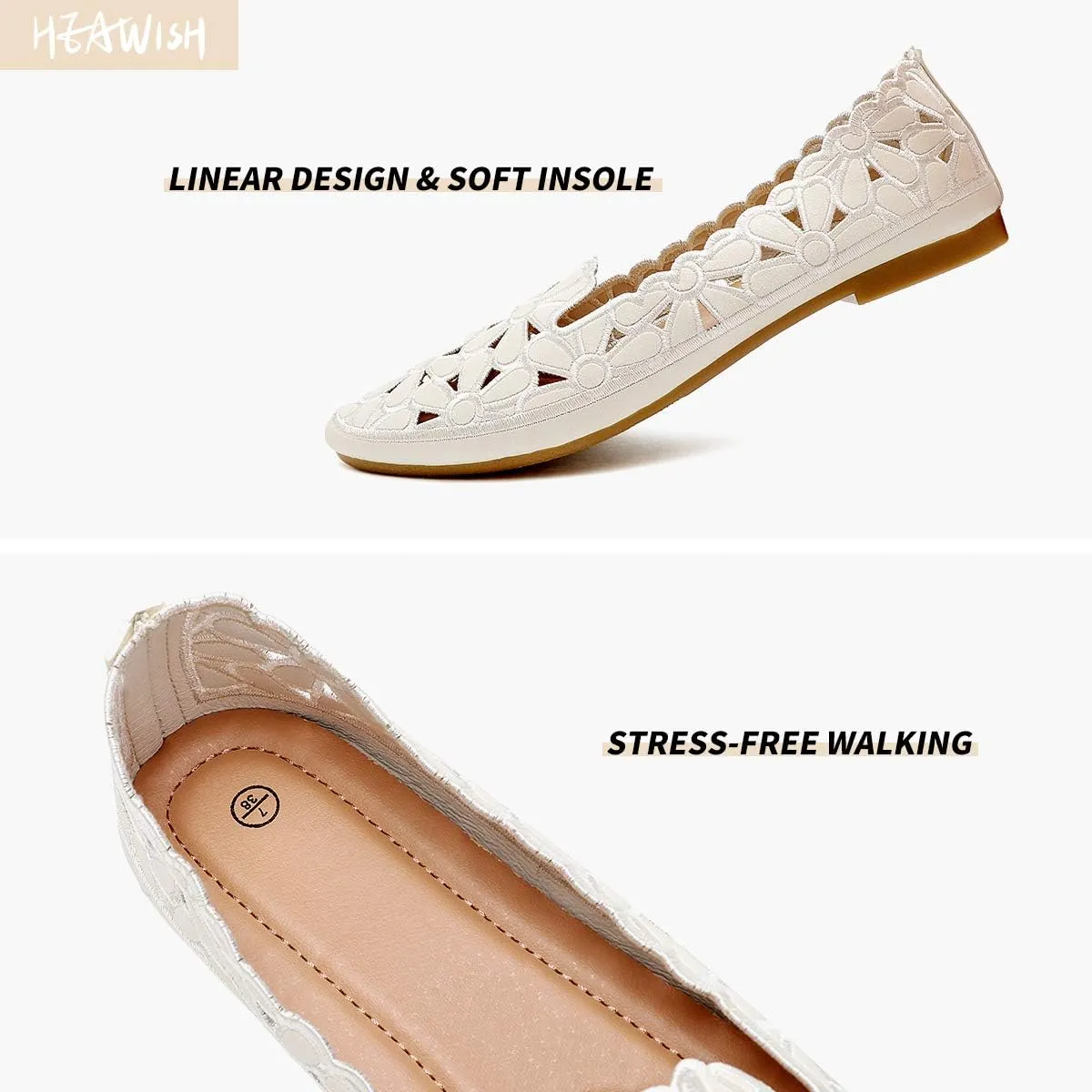 HEAWISH Women's Floral Ballet Flats for Women Black Beige Slip On Flowers PU Leather Round Toe Dress Shoes