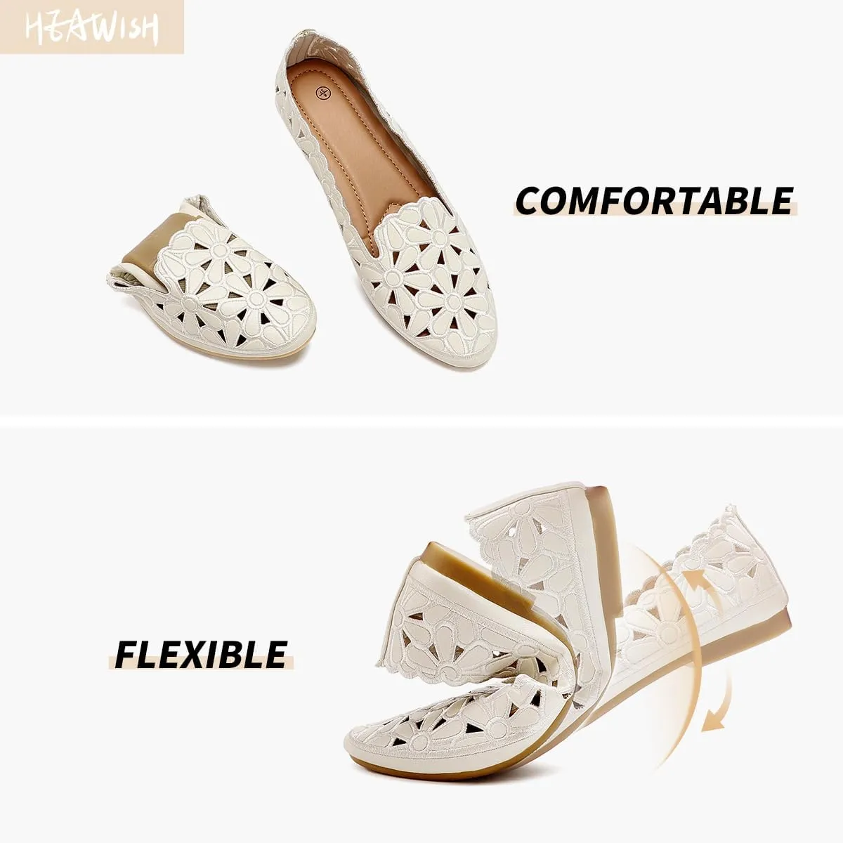 HEAWISH Women's Floral Ballet Flats for Women Black Beige Slip On Flowers PU Leather Round Toe Dress Shoes