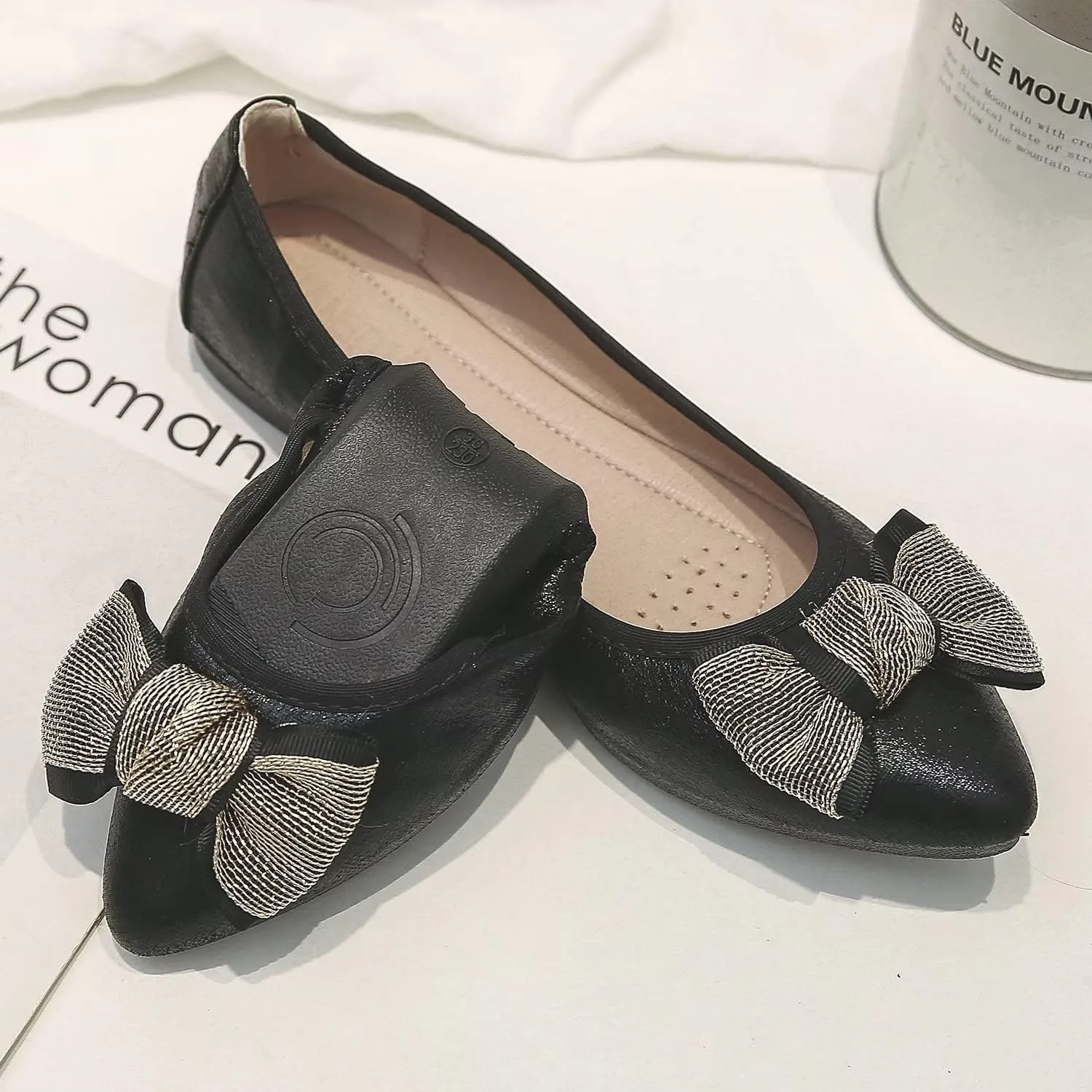 Hee grand Women Foldable Ballet Flats Bling Rhinestones Soft Leather Pointy Toe Flats Sparkle Wedding Dress Shoes Comfort Slip on Loafers Big Size