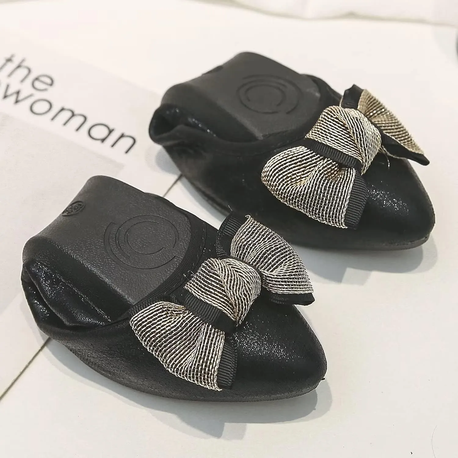 Hee grand Women Foldable Ballet Flats Bling Rhinestones Soft Leather Pointy Toe Flats Sparkle Wedding Dress Shoes Comfort Slip on Loafers Big Size