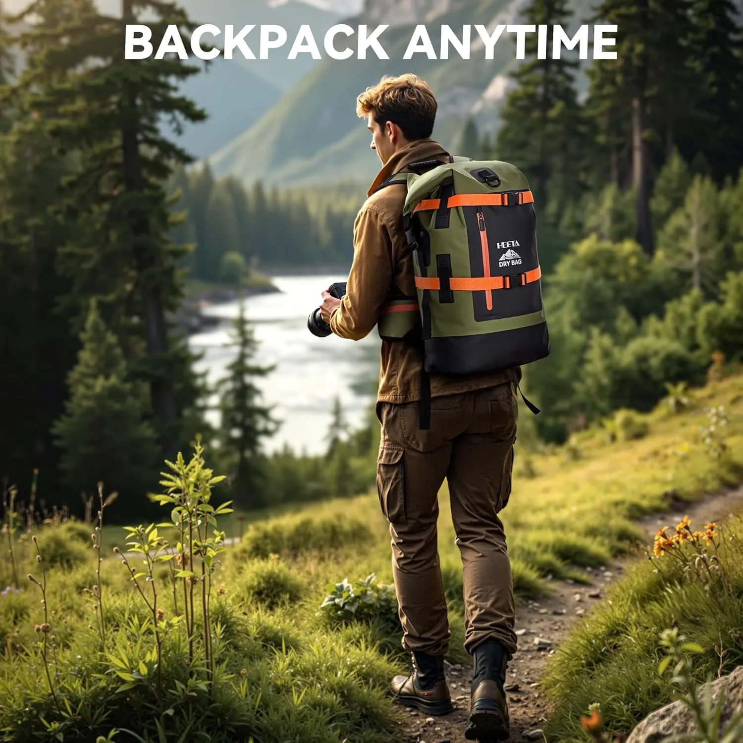 HEETA Waterproof Dry Bags Backpack 40L for Men & Women, Roll Top Heavy Duty Cushioned Hiking Backpack for Kayaking Boating Paddle Boarding Travel Camping Beach Vacation Cruise Ship Essentials,Green