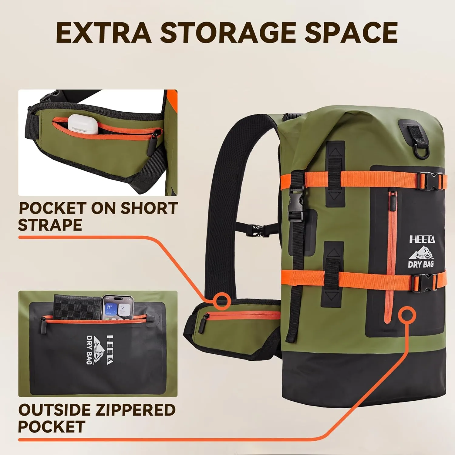 HEETA Waterproof Dry Bags Backpack 40L for Men & Women, Roll Top Heavy Duty Cushioned Hiking Backpack for Kayaking Boating Paddle Boarding Travel Camping Beach Vacation Cruise Ship Essentials,Green