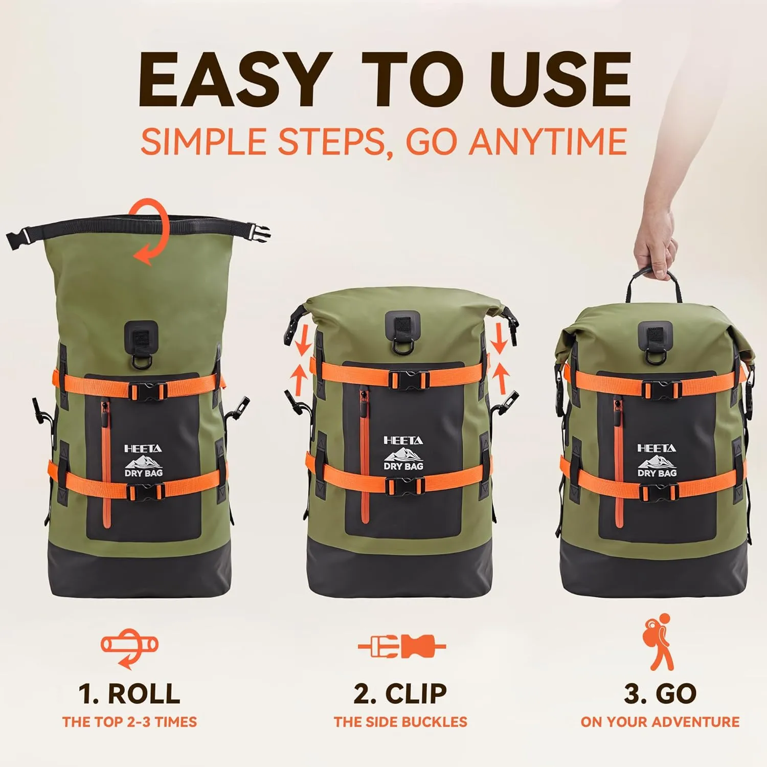HEETA Waterproof Dry Bags Backpack 40L for Men & Women, Roll Top Heavy Duty Cushioned Hiking Backpack for Kayaking Boating Paddle Boarding Travel Camping Beach Vacation Cruise Ship Essentials,Green