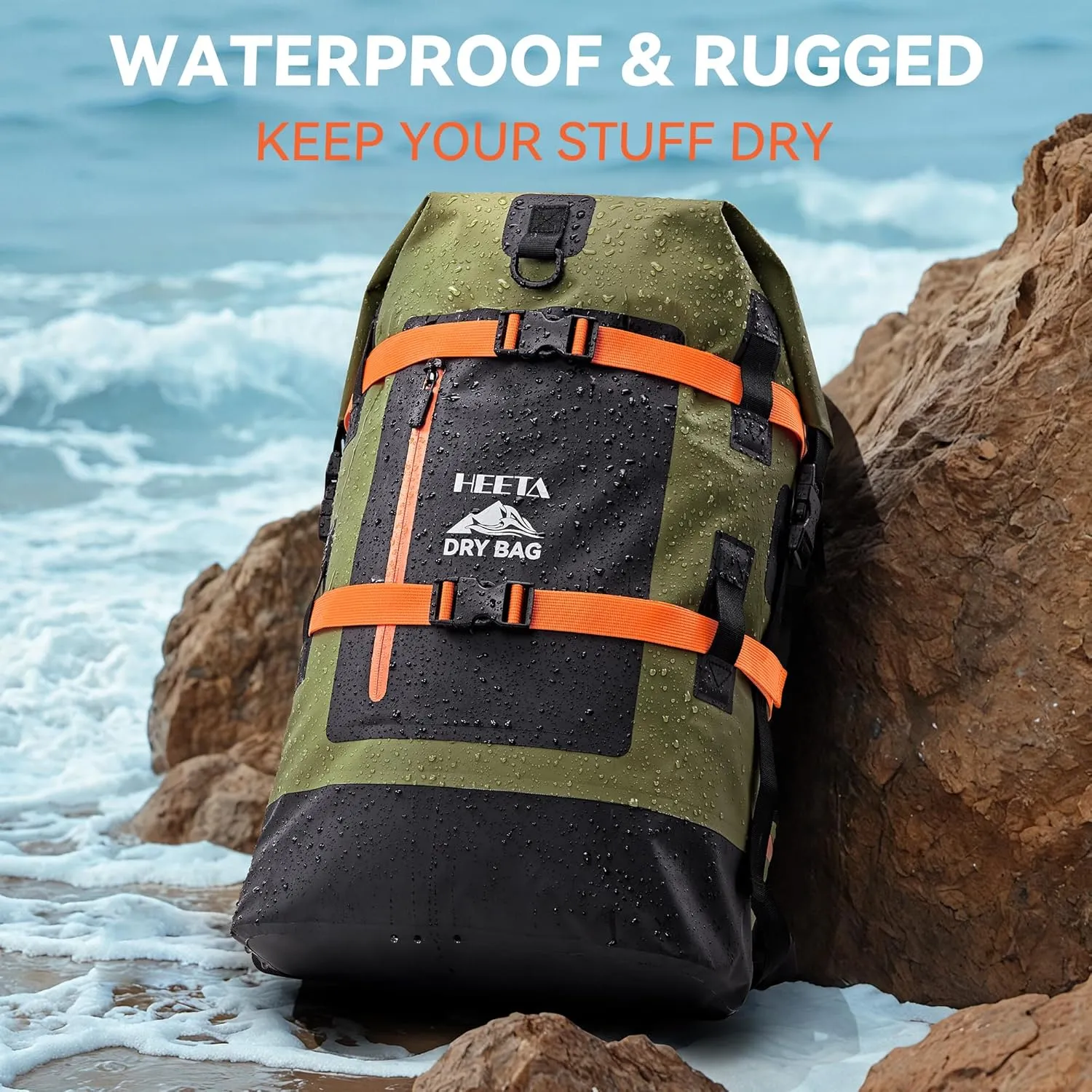 HEETA Waterproof Dry Bags Backpack 40L for Men & Women, Roll Top Heavy Duty Cushioned Hiking Backpack for Kayaking Boating Paddle Boarding Travel Camping Beach Vacation Cruise Ship Essentials,Green