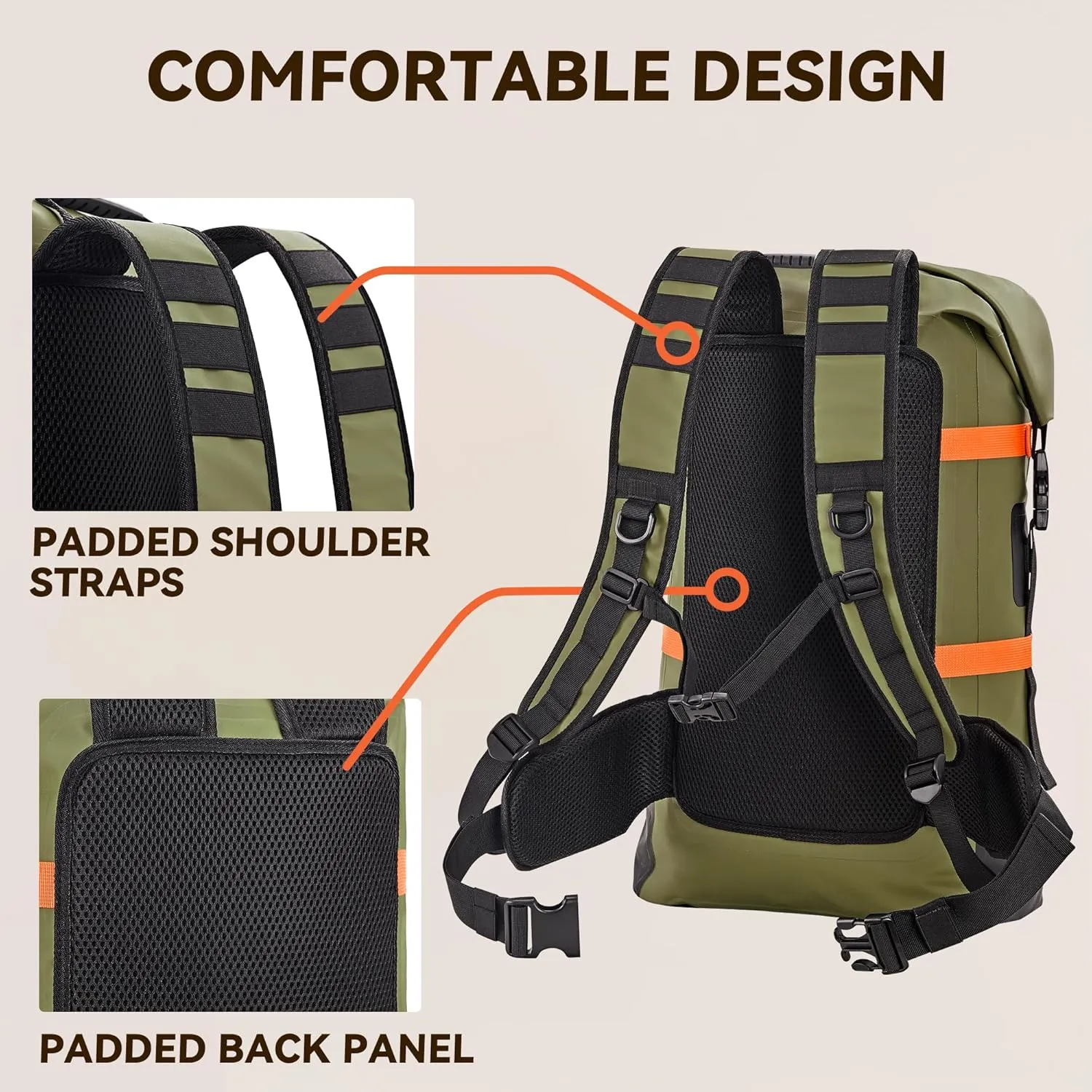 HEETA Waterproof Dry Bags Backpack 40L for Men & Women, Roll Top Heavy Duty Cushioned Hiking Backpack for Kayaking Boating Paddle Boarding Travel Camping Beach Vacation Cruise Ship Essentials,Green