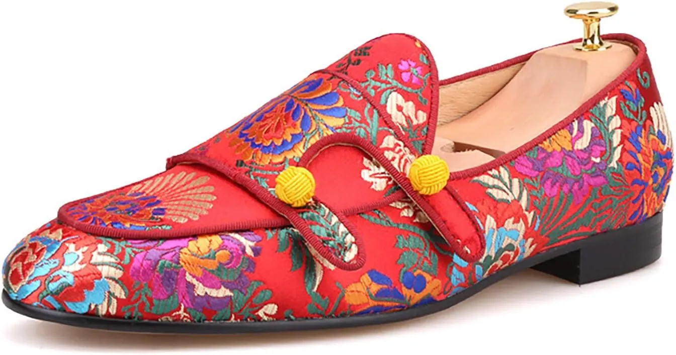 HI&HANN Men Silk Shoes Chinese Style Flower Men's Loafers Wedding and Party Smoking Slippers