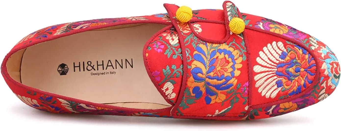 HI&HANN Men Silk Shoes Chinese Style Flower Men's Loafers Wedding and Party Smoking Slippers