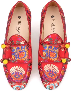 HI&HANN Men Silk Shoes Chinese Style Flower Men's Loafers Wedding and Party Smoking Slippers