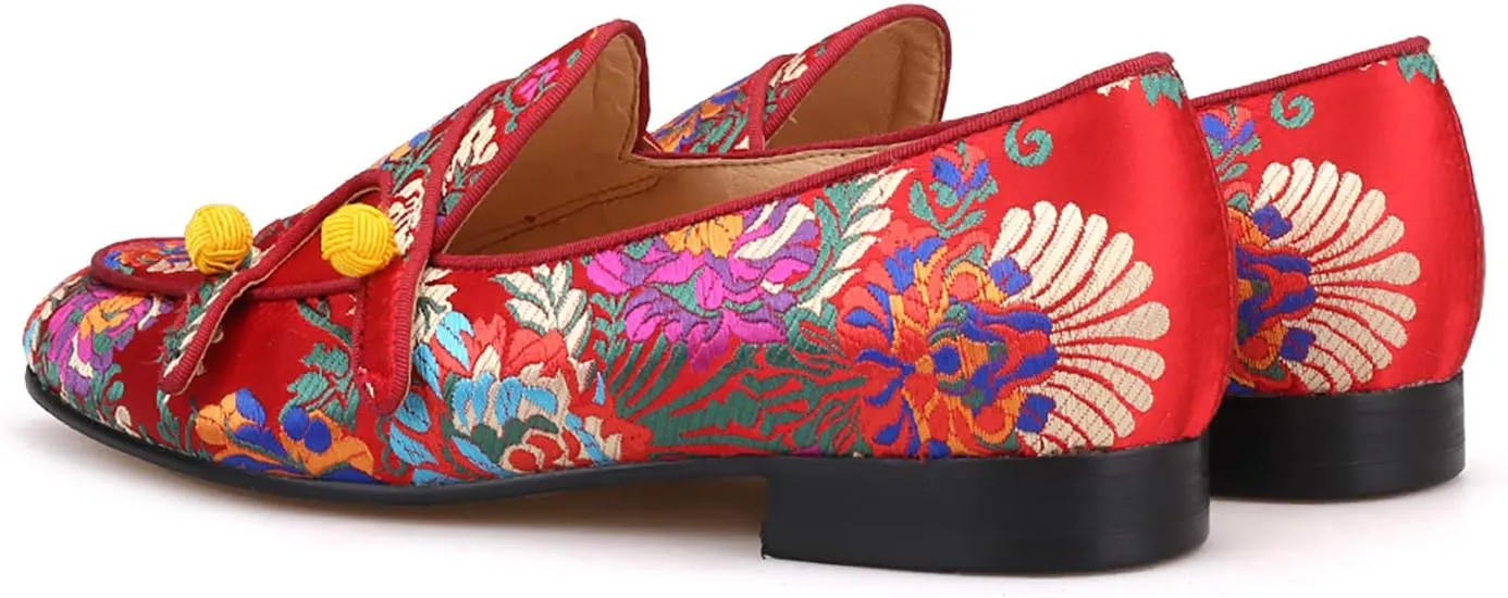 HI&HANN Men Silk Shoes Chinese Style Flower Men's Loafers Wedding and Party Smoking Slippers