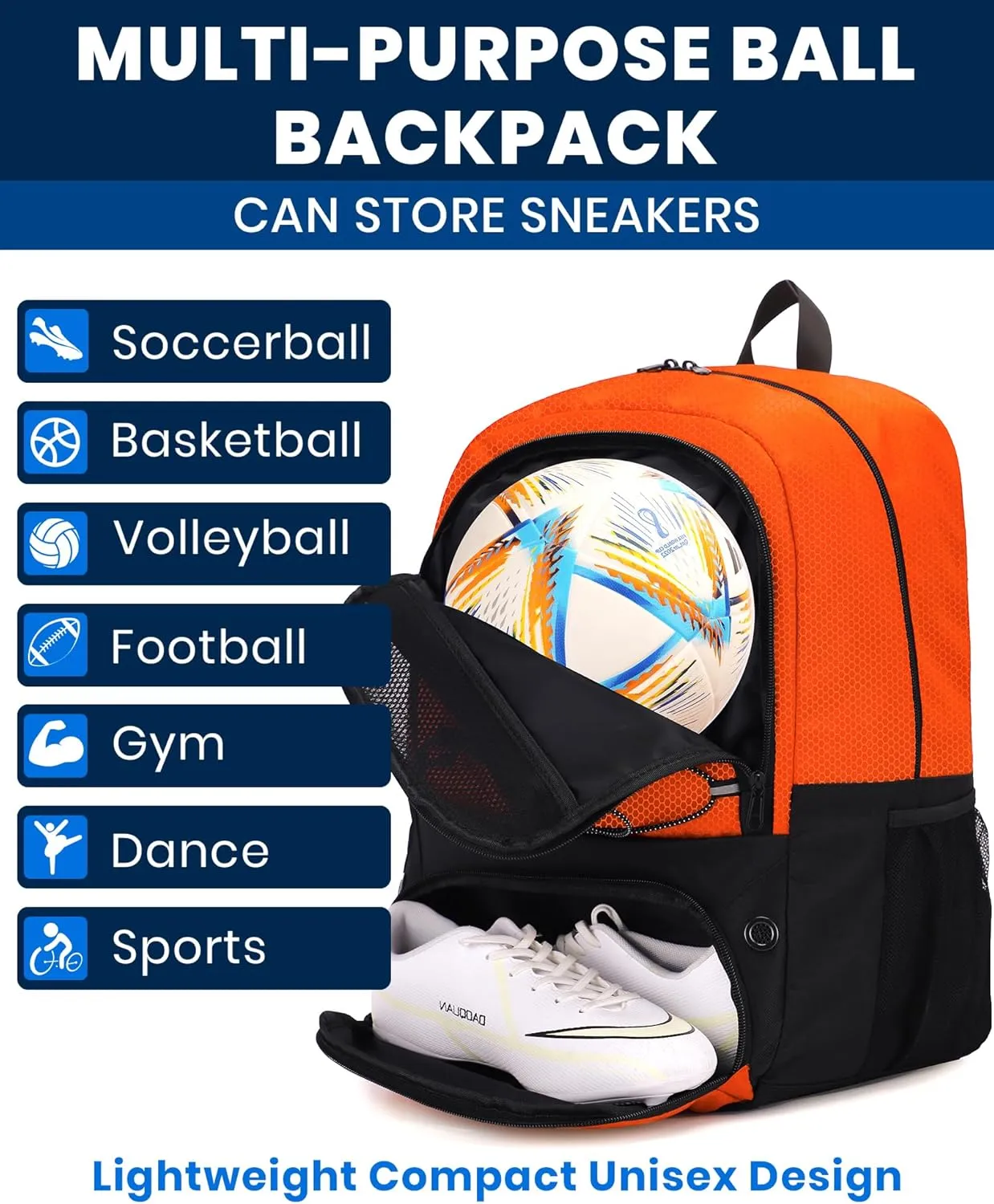 HMLIN Soccer Backpack,Basketball Backpack with Ball Compartment &Shoe Compartment,Sports Bag for Basketball,Soccer,Football& Volleyball