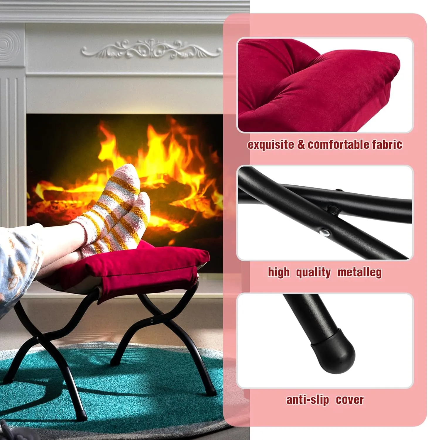 HollyHOME 15"(H) Folding Footrest Stool, Upholstered Small Foldable Ottoman, Accent Padded Sofa Foot Stool for Lazy Chair, Metal Frame Portable Foot Rest Ottoman for Living Room, Bedroom, Burgundy