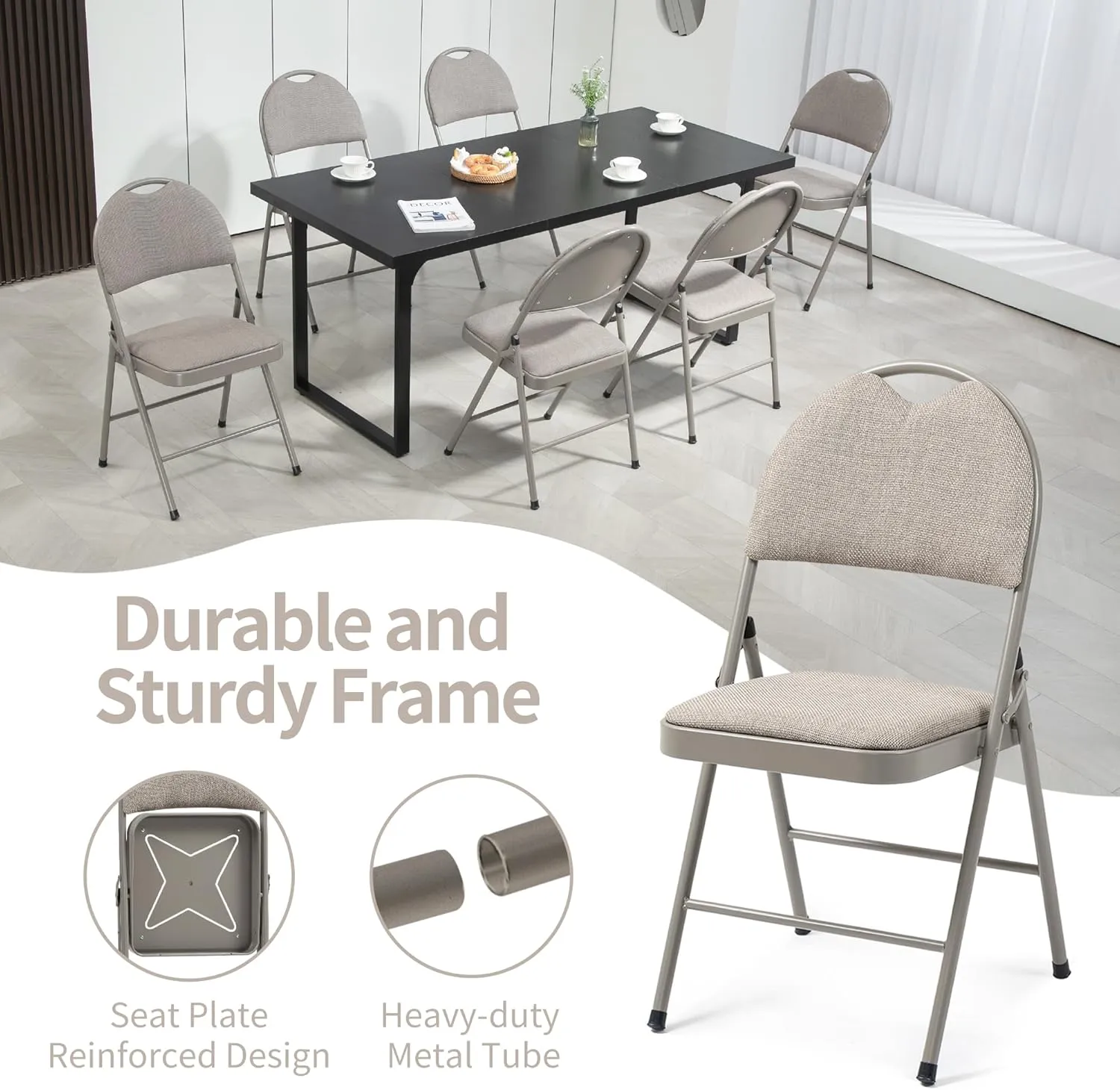 HOMEFUN Folding Chairs with Cushion Padded Foldable Chair 6 Pack Portable and Assembled Fold Dining Seat for Guests Kitchen Office Wedding Party Khaki