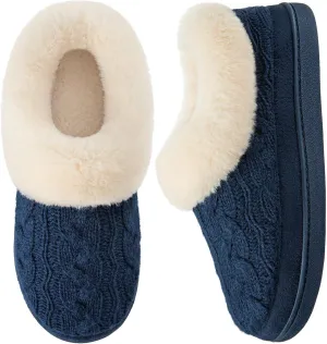 HomeTop Women's Knitted Clog Slippers Comfy Warm Memory Foam Non-slip Indoor House Shoes with Fuzzy Collar