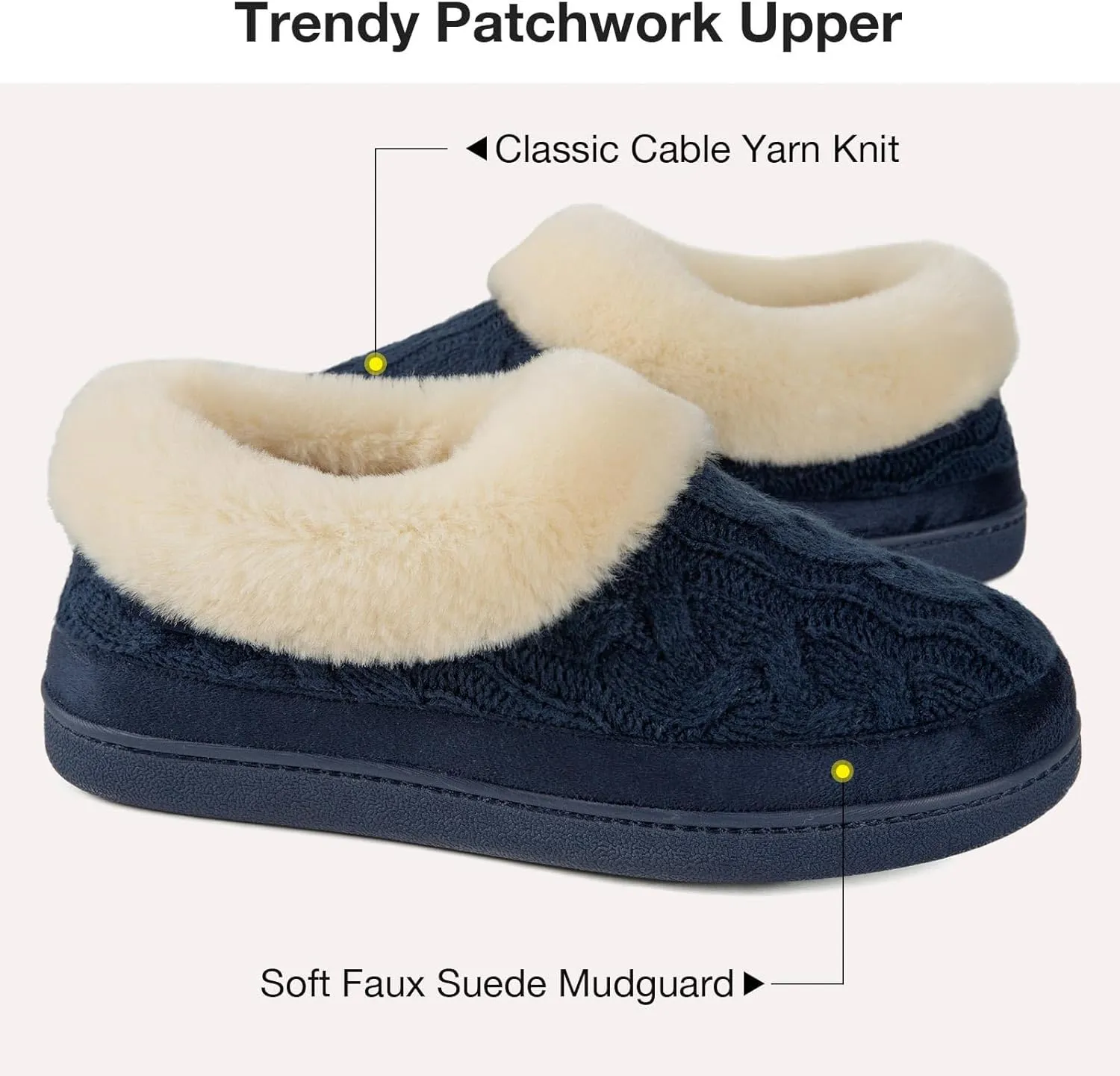 HomeTop Women's Knitted Clog Slippers Comfy Warm Memory Foam Non-slip Indoor House Shoes with Fuzzy Collar