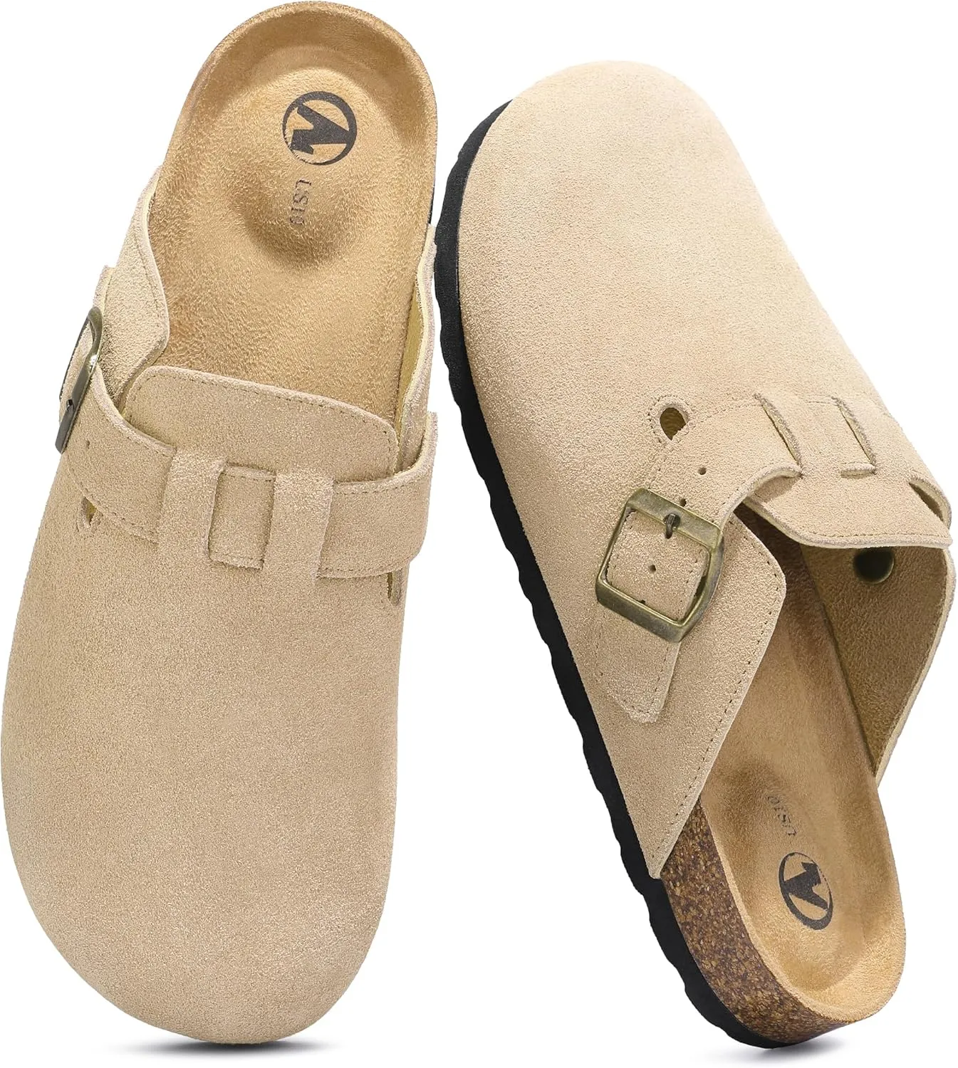 HOMETRUE Mens Suede Clogs Slippers Sandals with Cushioned Cork-Footbed