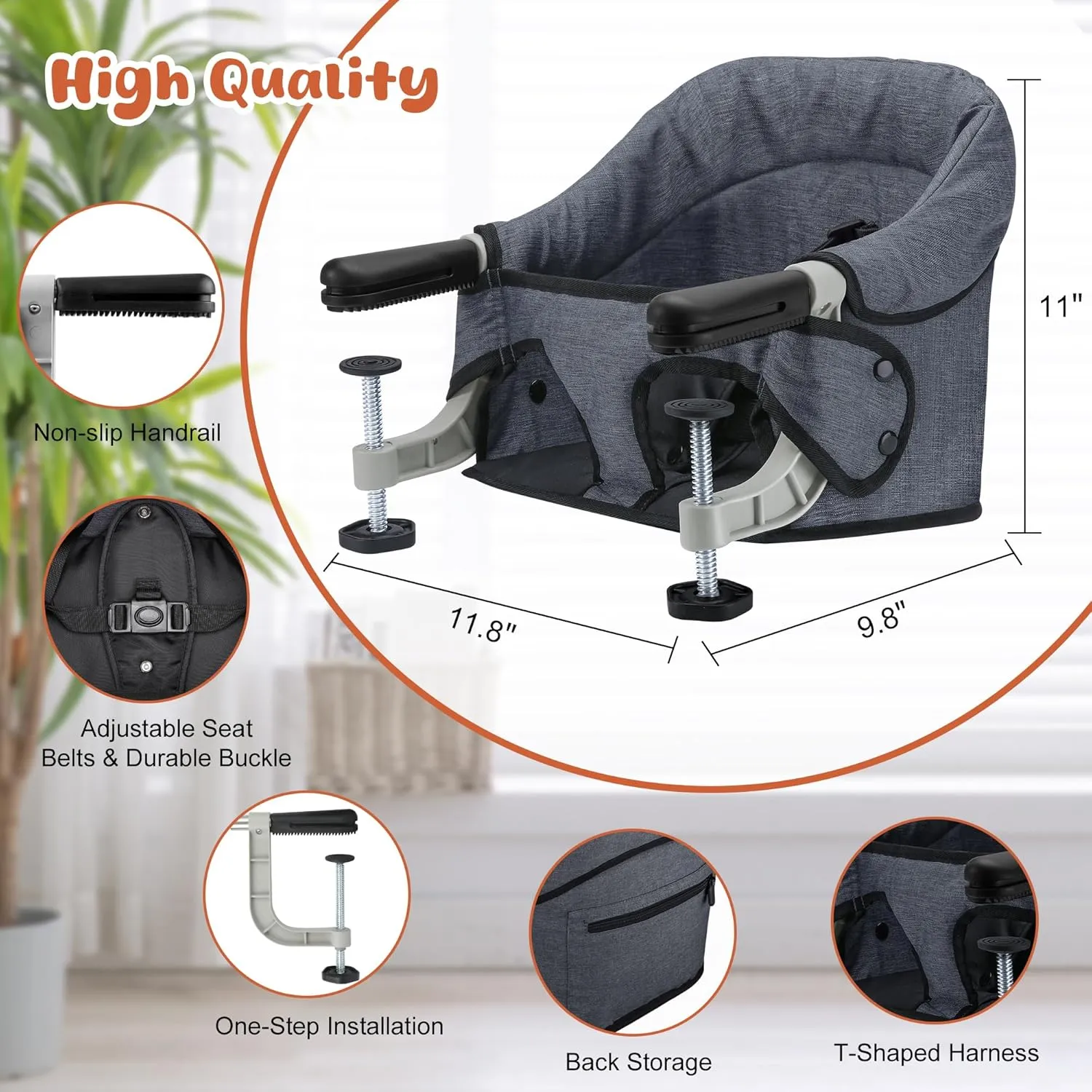 Hook On High Chair, Jozzve Baby High Chair, Portable High Chair for Travel, Foldable Fast Table Chair with Storage Bag, Baby Feeding Seat Clip On High Chair for Home and Travel (Grey)
