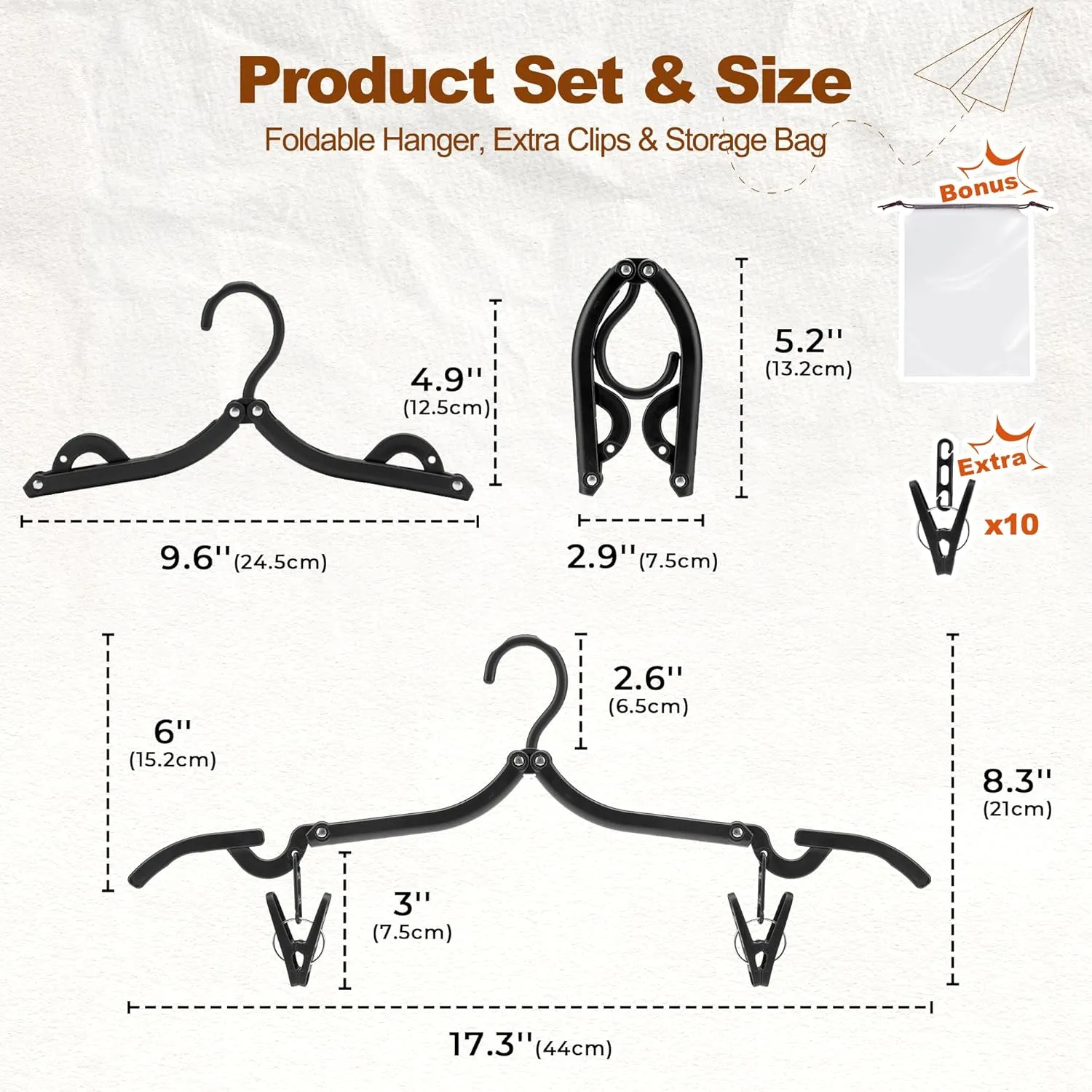 HOUSE DAY Foldable Travel Hangers 10 Pack w/10 Clips, Cruise Essentials 2025, Portable Hangers Collapsible Hanger Plastic, Travel Must Haves for Suitcase, Hotel, RV, Road Trip, Flying, Camping-Black