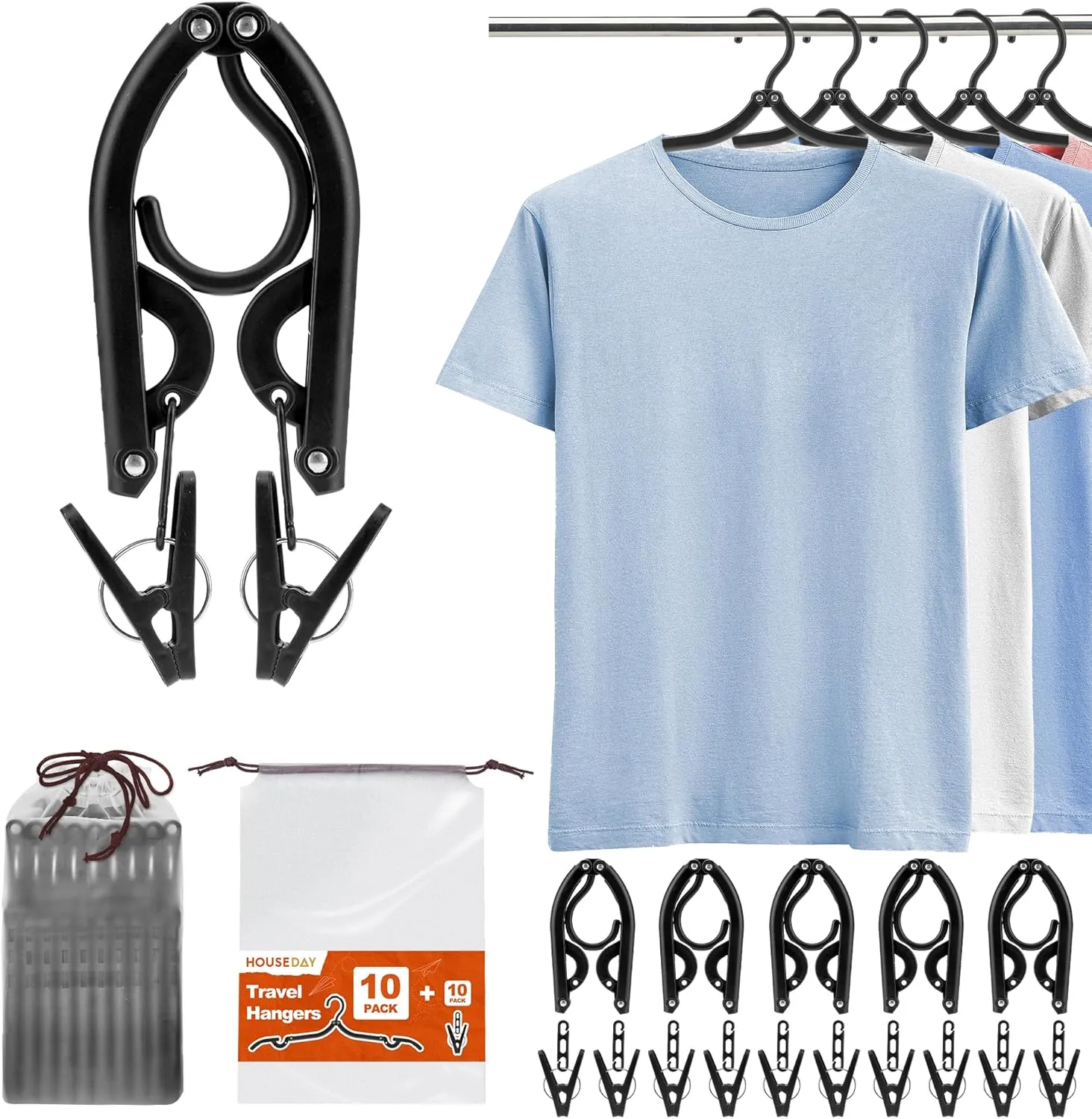 HOUSE DAY Foldable Travel Hangers 10 Pack w/10 Clips, Cruise Essentials 2025, Portable Hangers Collapsible Hanger Plastic, Travel Must Haves for Suitcase, Hotel, RV, Road Trip, Flying, Camping-Black