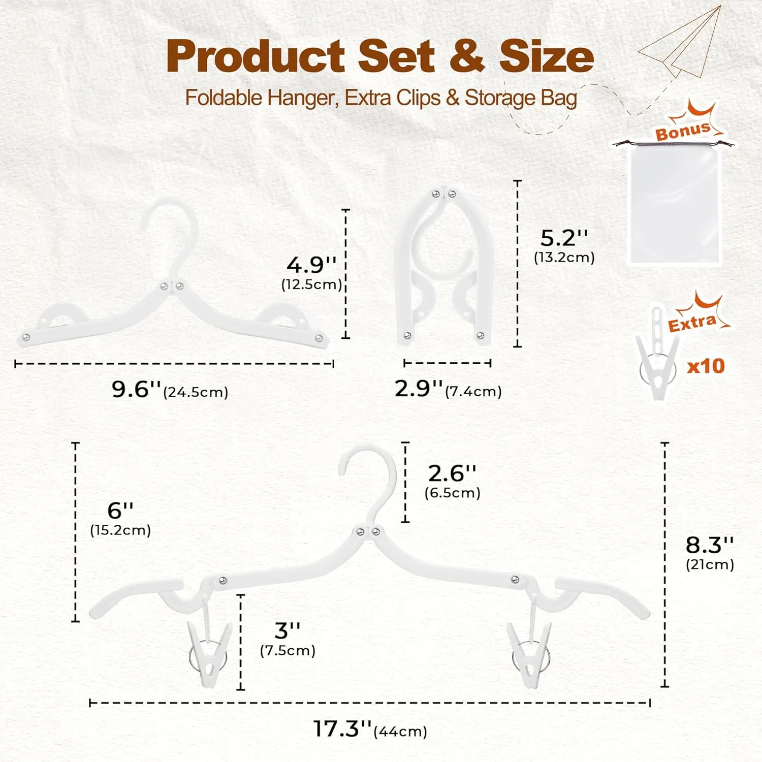 HOUSE DAY Foldable Travel Hangers 10 Pack w/10 Clips, Cruise Essentials 2025, Portable Hangers Collapsible Hanger Plastic, Travel Must Haves for Suitcase, Hotel, RV, Road Trip, Flying, Camping-White