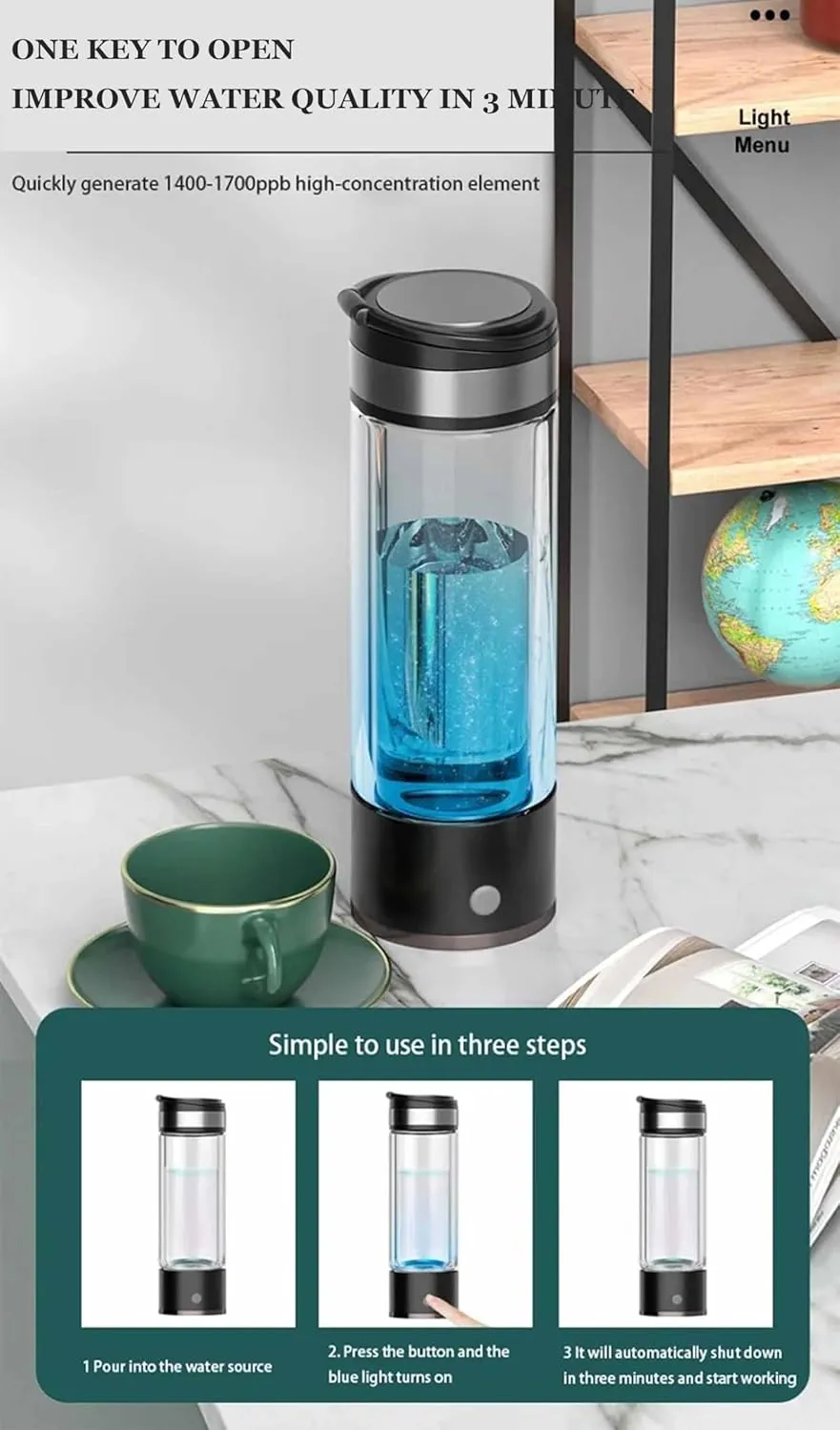Household 3 in 1 SPE Hydrogen Water Generator Bottle, Hydrogen Concentration as High as 1400-5500PPB,Molecular Hydrogen Water Bottle Generator