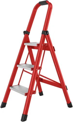 Household Lightweight Portable Herringbone Ladder Multi-Functional Foldable with Non-Slip Foot Pads Climbing Ladder, 3-Step Ladder / 4-Step Ladder (Color : Red, Size : 3 Steps)
