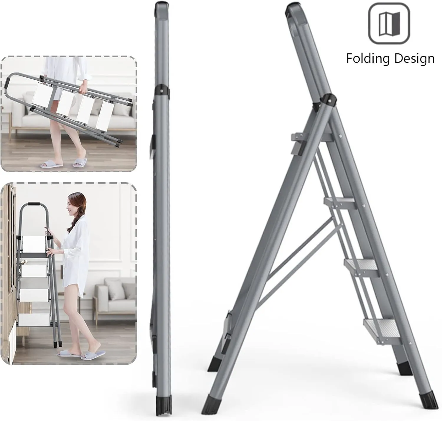 Household Lightweight Portable Herringbone Ladder Multi-Functional Foldable with Non-Slip Foot Pads Climbing Ladder, 3-Step Ladder / 4-Step Ladder (Color : Red, Size : 3 Steps)