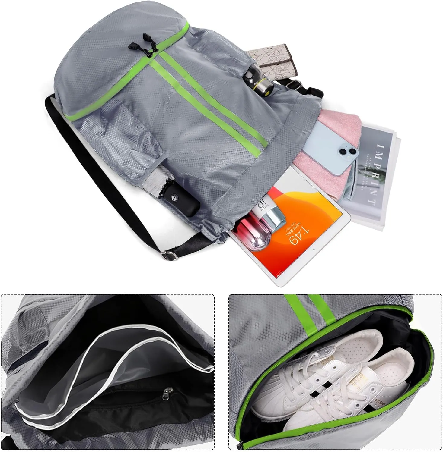 HUA ANGEL Waterproof Drawstring Backpack Lightweight Nylon Gym Bag with Shoe Compartment for Travel Swimming Sports Outdoor