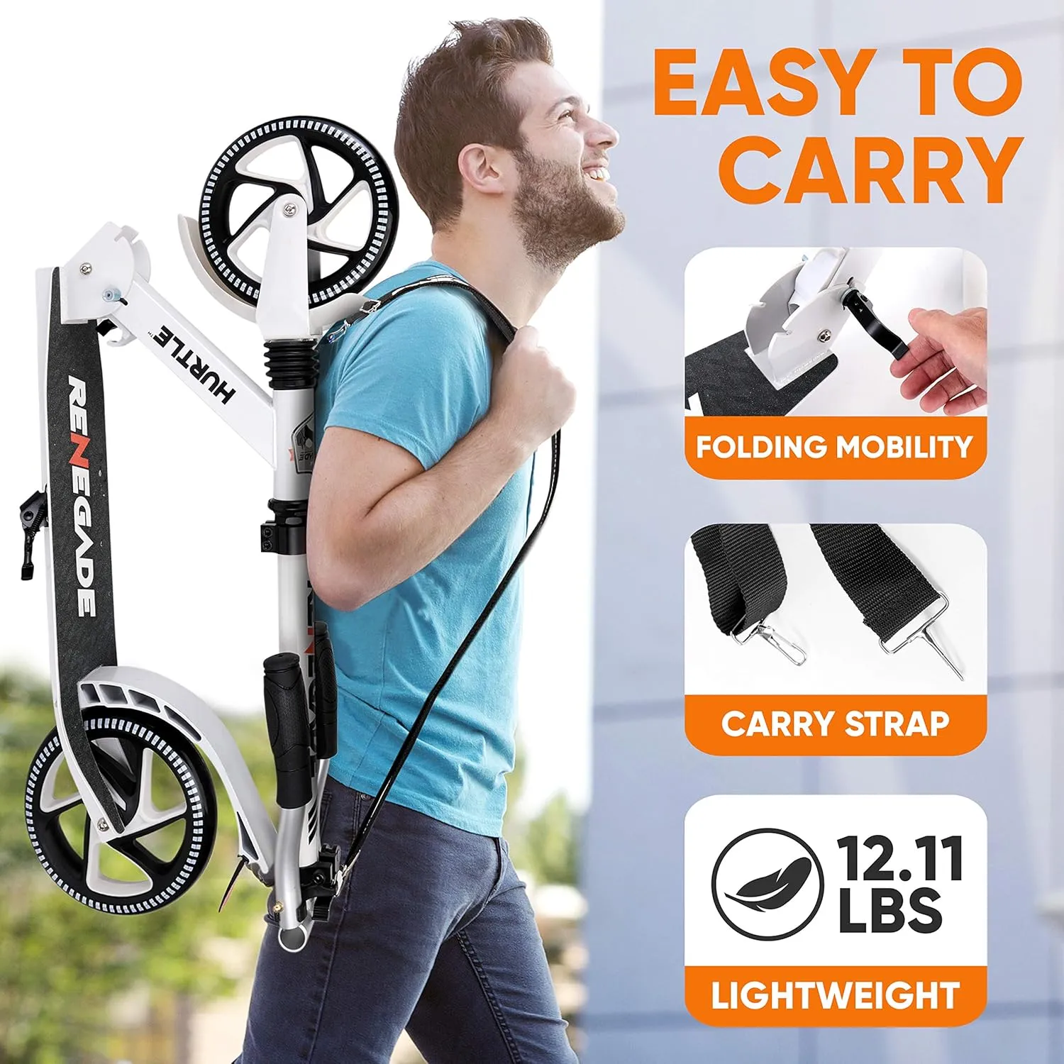 Hurtle Renegade Kick Scooter for Kids, Teenagers & Adults - 2-Wheel Folding Scooter with Adjustable T-Bar Handlebar - Alloy Anti-Slip Deck