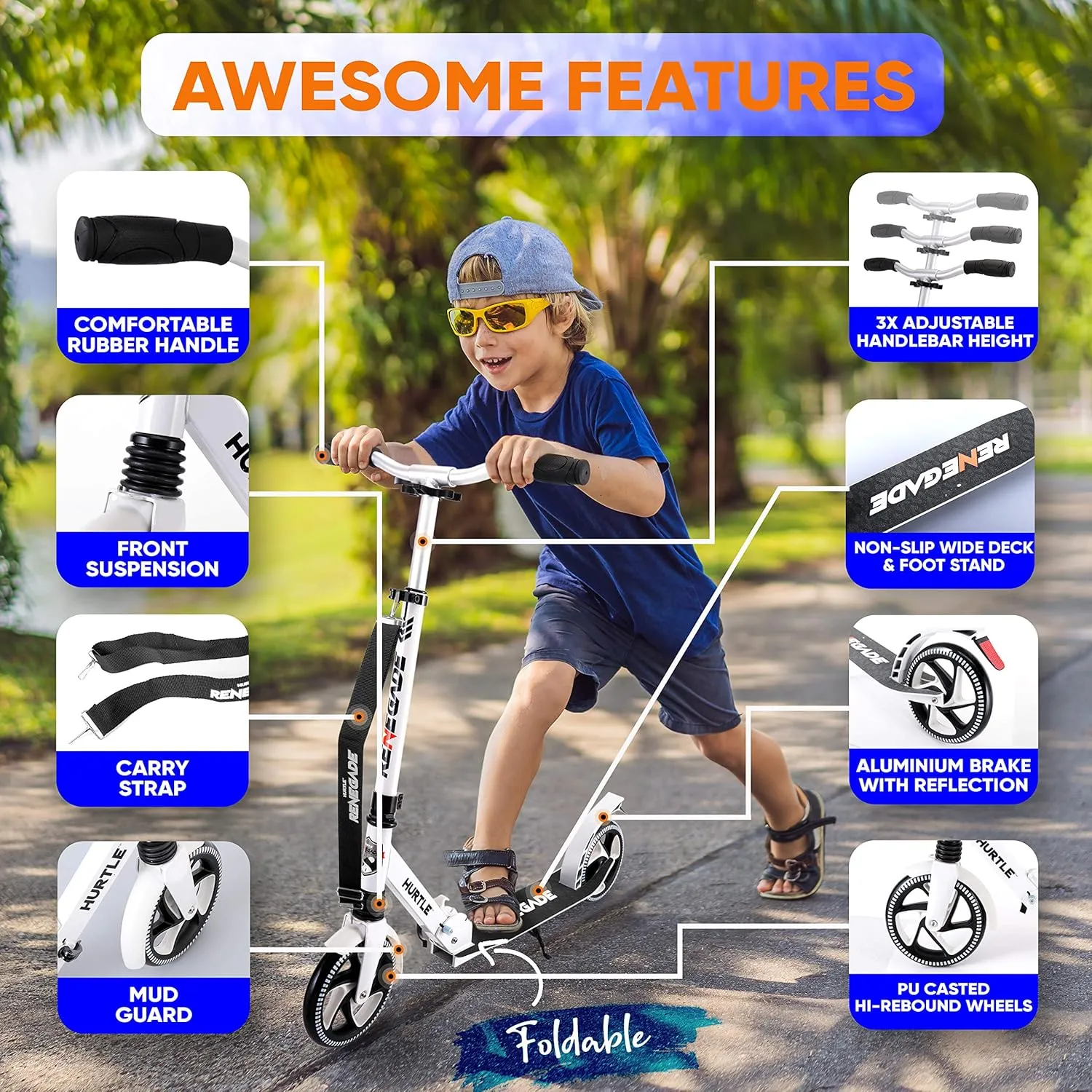 Hurtle Renegade Kick Scooter for Kids, Teenagers & Adults - 2-Wheel Folding Scooter with Adjustable T-Bar Handlebar - Alloy Anti-Slip Deck