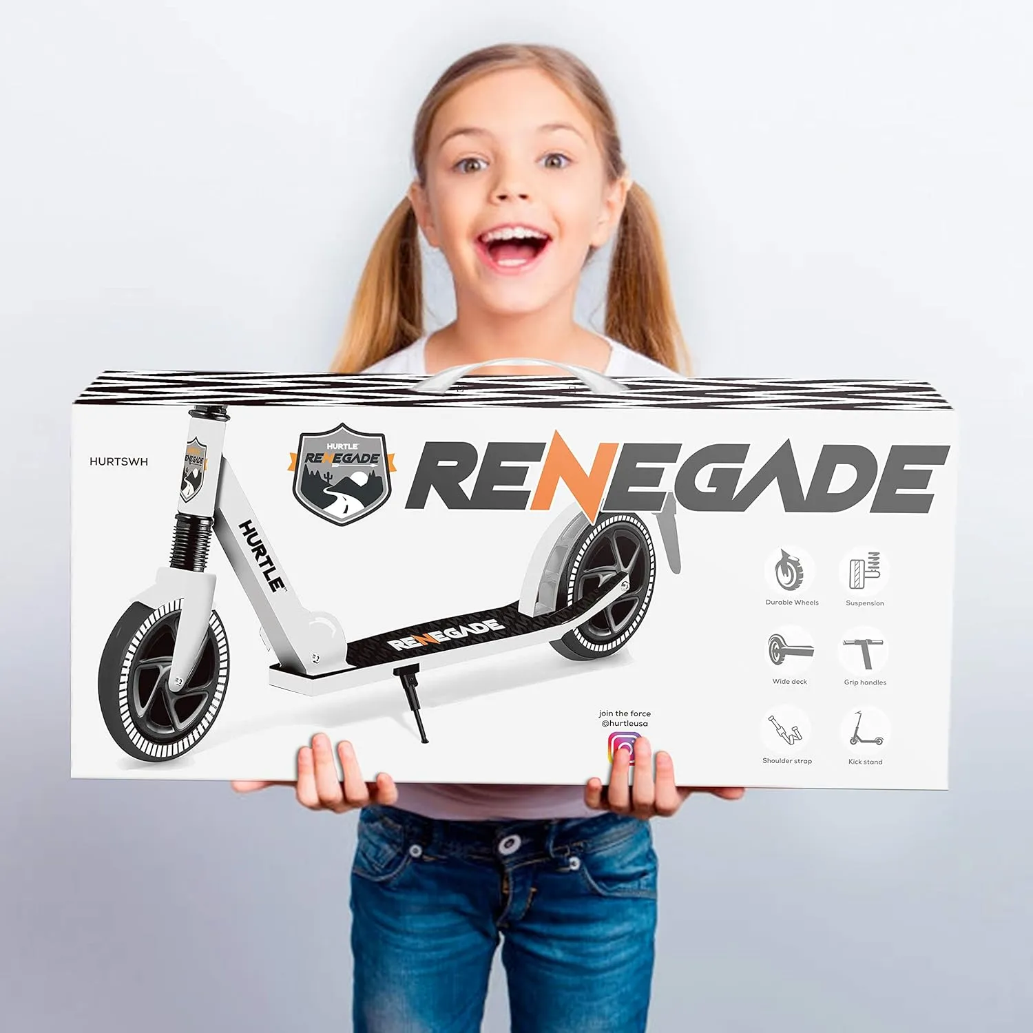 Hurtle Renegade Kick Scooter for Kids, Teenagers & Adults - 2-Wheel Folding Scooter with Adjustable T-Bar Handlebar - Alloy Anti-Slip Deck