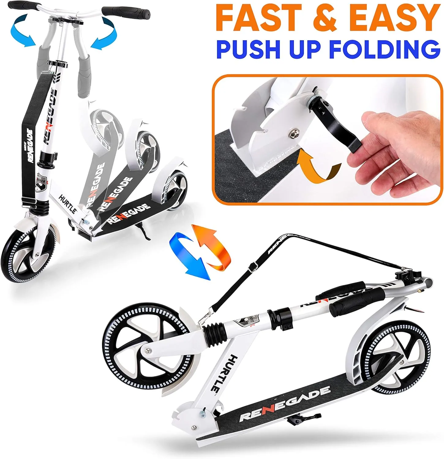 Hurtle Renegade Kick Scooter for Kids, Teenagers & Adults - 2-Wheel Folding Scooter with Adjustable T-Bar Handlebar - Alloy Anti-Slip Deck