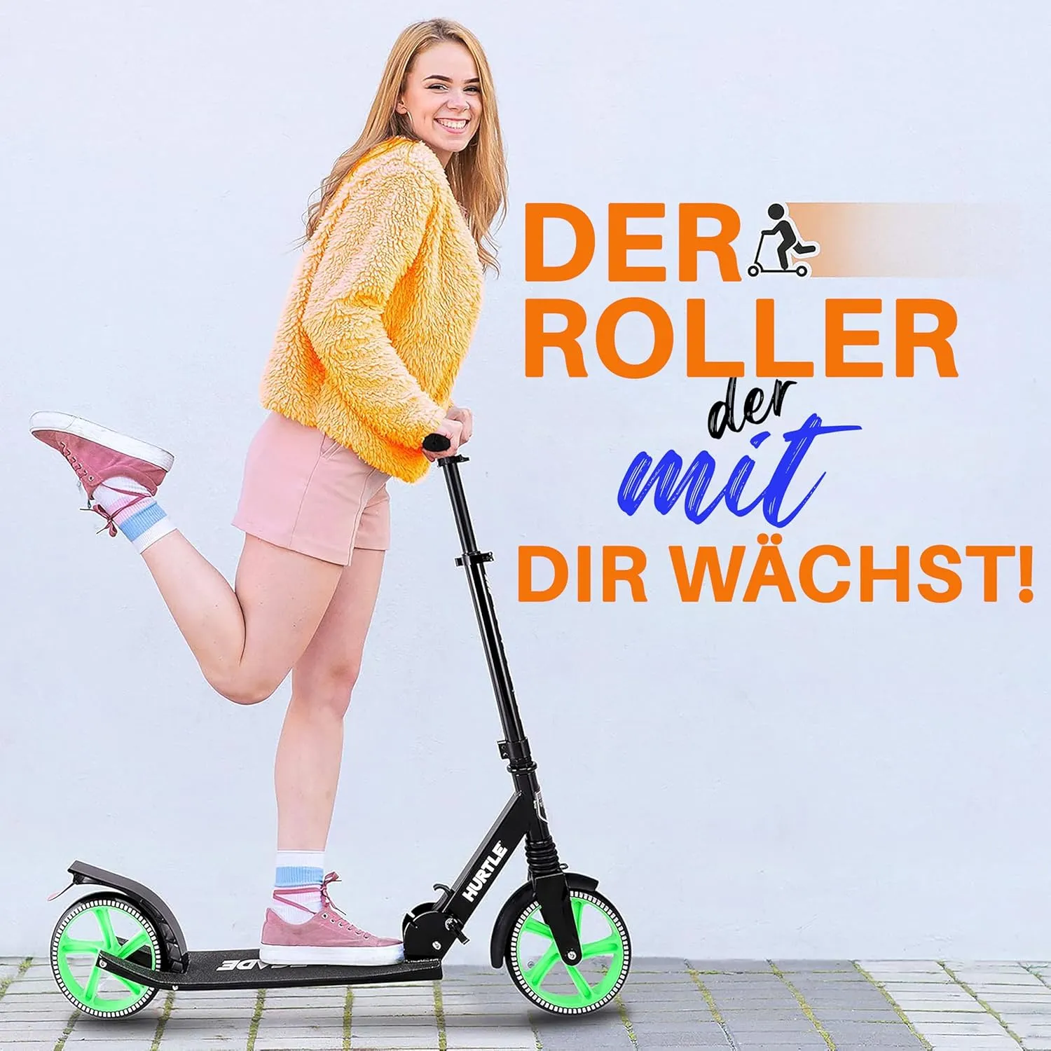 Hurtle Renegade Kick Scooter for Kids, Teenagers & Adults - 2-Wheel Folding Scooter with Adjustable T-Bar Handlebar - Alloy Anti-Slip Deck