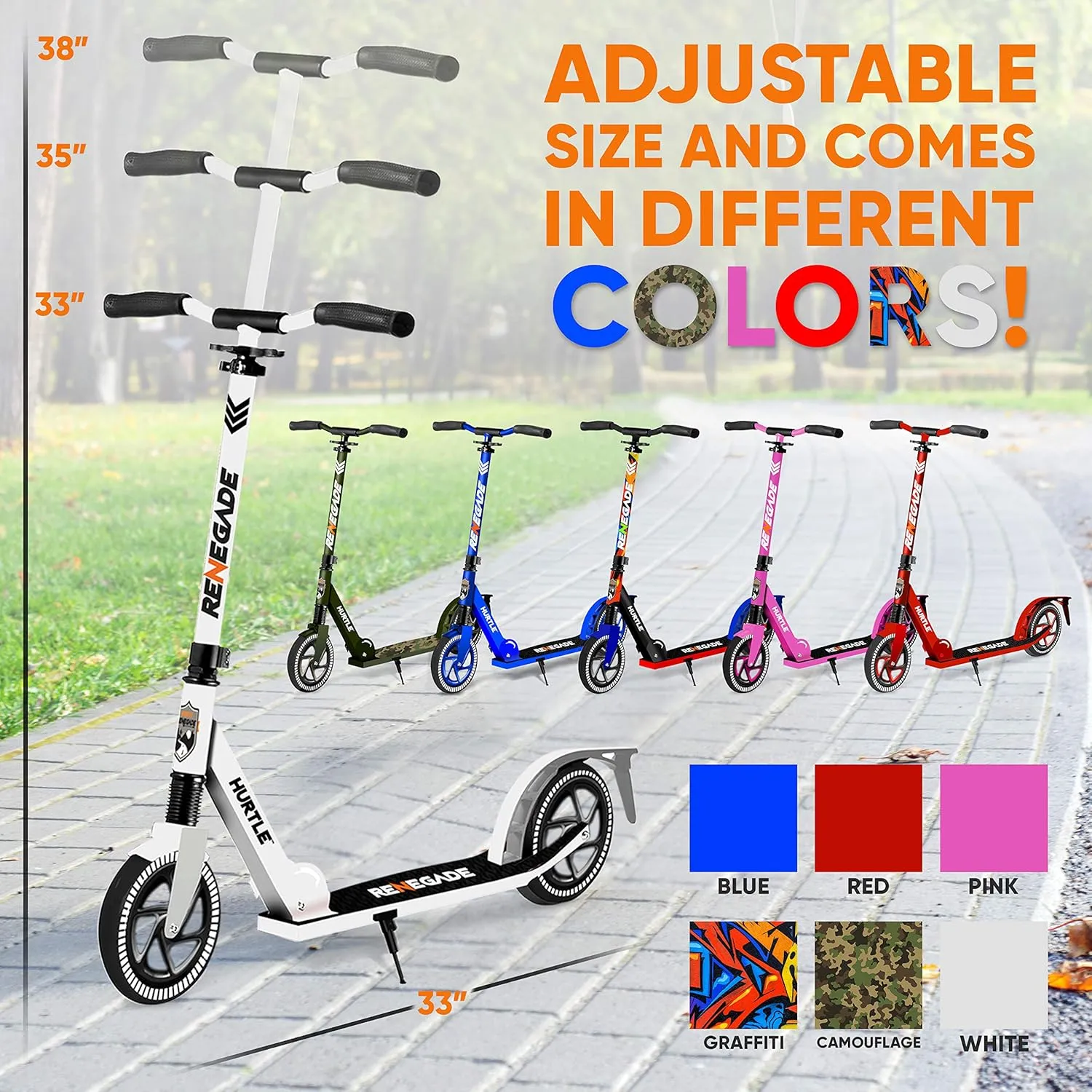 Hurtle Renegade Kick Scooter for Kids, Teenagers & Adults - 2-Wheel Folding Scooter with Adjustable T-Bar Handlebar - Alloy Anti-Slip Deck