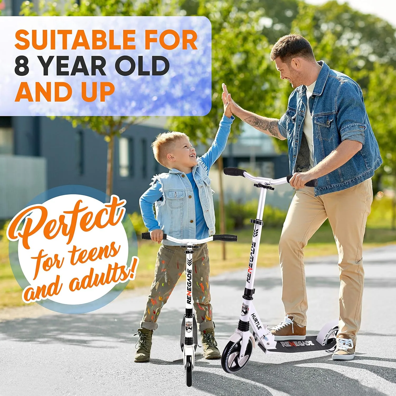 Hurtle Renegade Kick Scooter for Kids, Teenagers & Adults - 2-Wheel Folding Scooter with Adjustable T-Bar Handlebar - Alloy Anti-Slip Deck