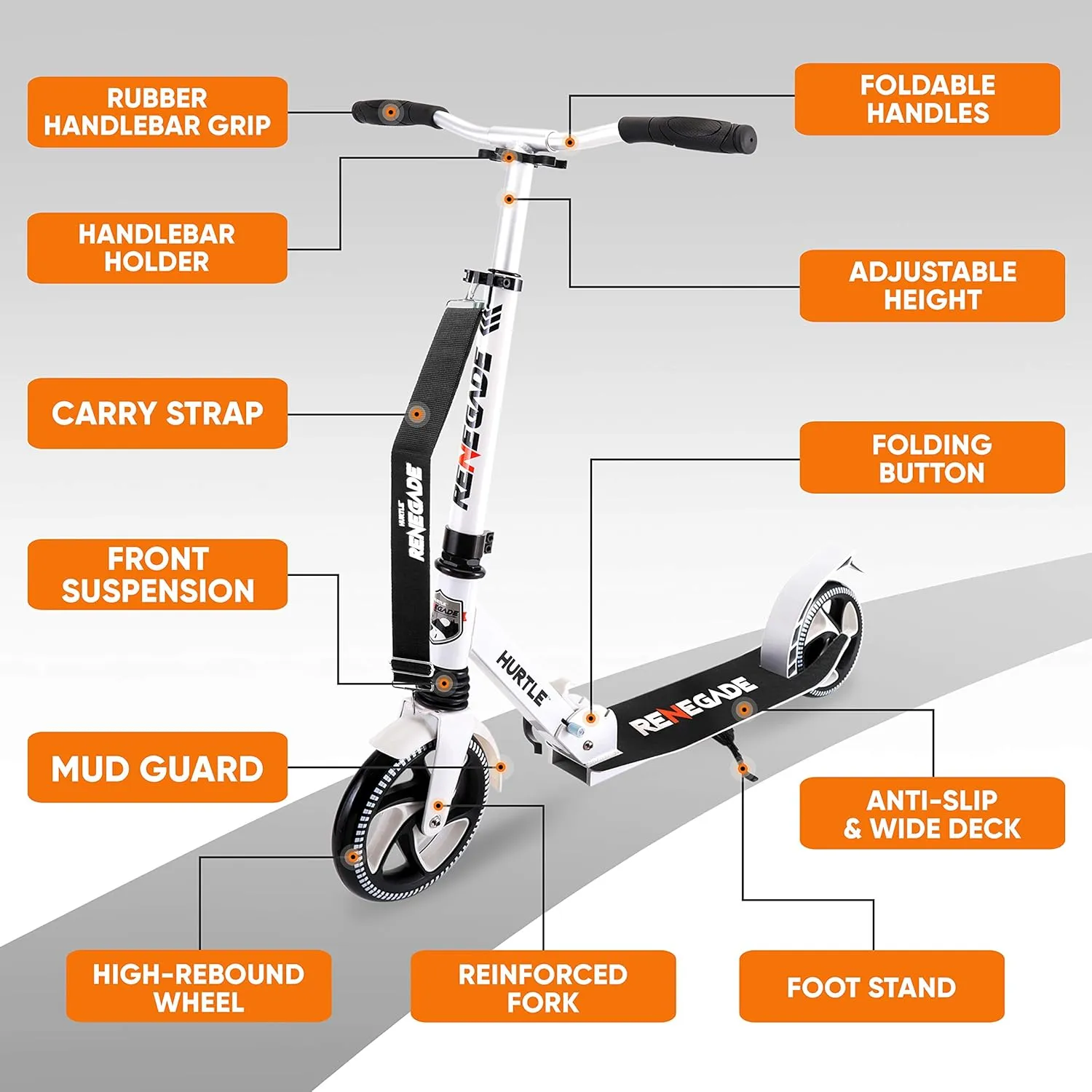 Hurtle Renegade Kick Scooter for Kids, Teenagers & Adults - 2-Wheel Folding Scooter with Adjustable T-Bar Handlebar - Alloy Anti-Slip Deck