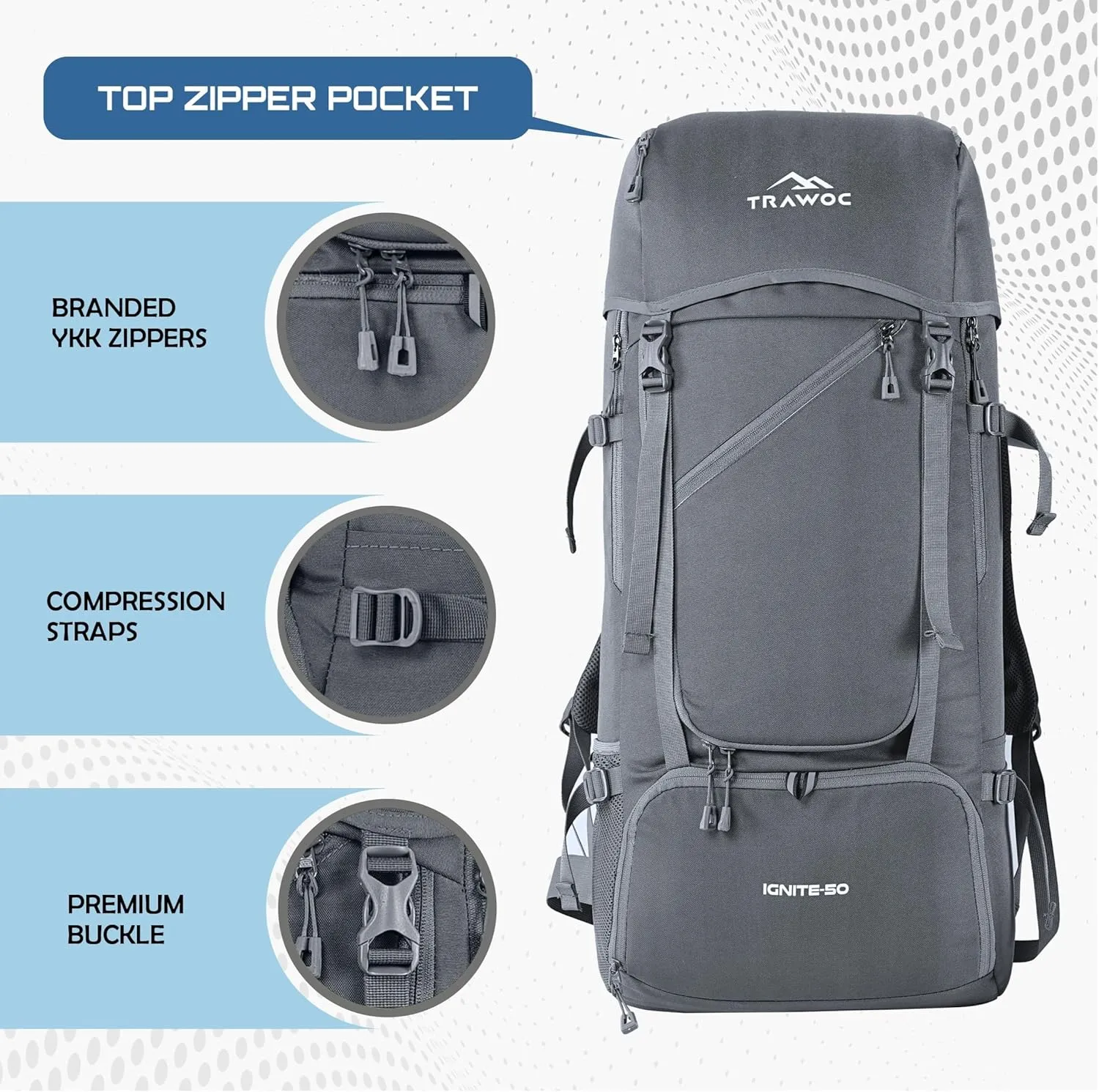 IGNITE 50 L Travel Bag Front & Top Open Backpack for Hiking Trekking Camping, Rucksack Unisex-Slate Grey