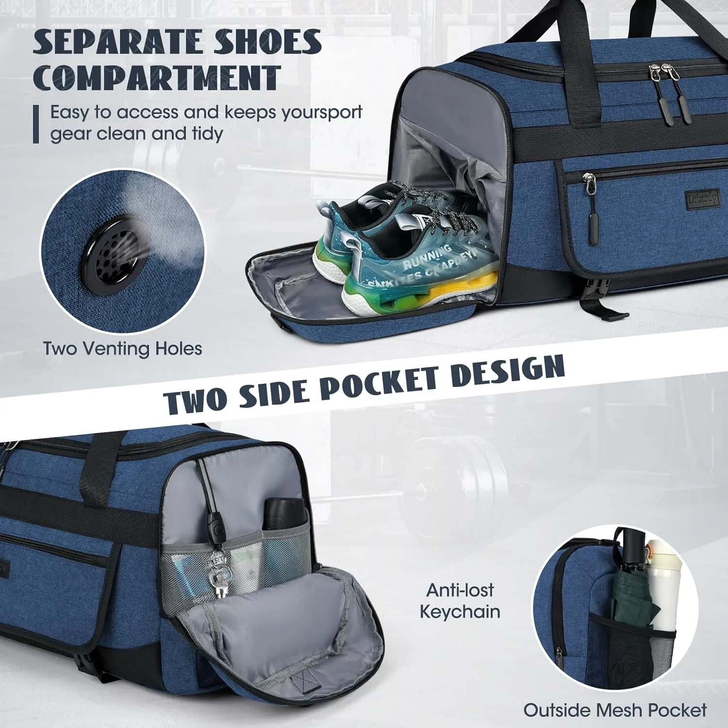 IGOLUMON Gym Bag for Men 55L Sports Duffel Bags Gym Duffle Bag Women with Shoe Compartment & Wet Pocket Water Resistant Travel Duffel Bag Lightweight Weekender Overnight Bag Blue